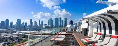 USA, Miami harbor panoramic skyline from cruise ship departing to Caribbean vacation, North America