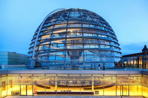 Visitors on the roof of the Reichstag, view of the Reichstag dome, Berlin, 21 May 2014