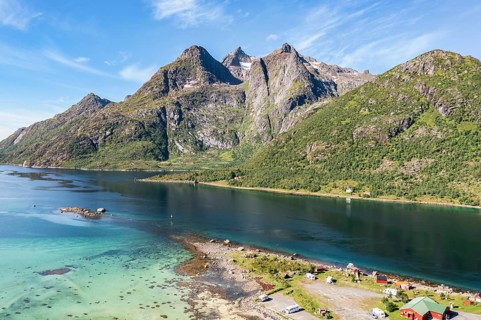 Aerial view of the campsite at Raften at the Raftsund, the waterway between Lofoten and Vesteralen,