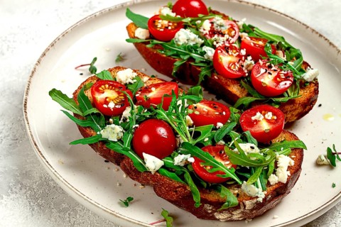 Arugula sandwiches and cherry tomatoes, cheese with mold, breakfast, snack, homemade