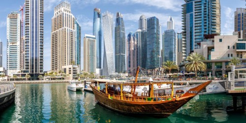 Dubai Marina skyline skyscrapers waterfront buildings panorama in Dubai, United Arab Emirates, Asia