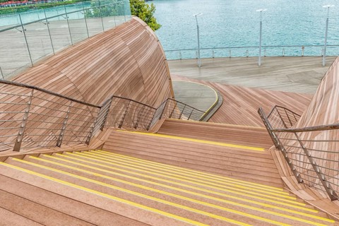 Decorative wooden stairs near the waterfront, Singapore, Asia