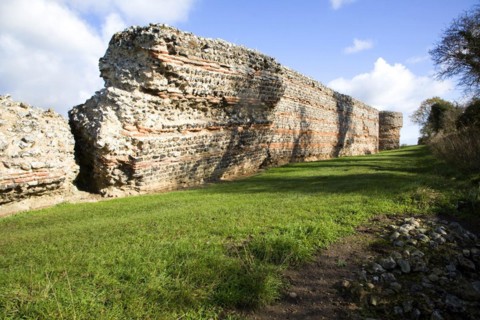 Brick work walls of Roman fort, Burgh Castle, Great Yarmouth, Norfolk, England, United Kingdom,