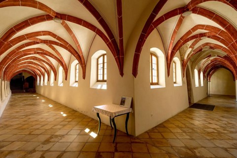 Ribbed vault in the cloister with leaning walls, Romanesque Benedictine abbey Kloster Seeon am