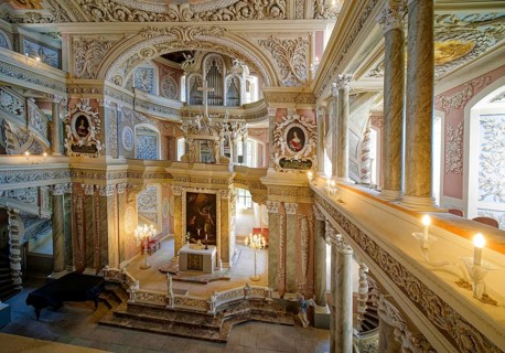 Chancel with the two-storey organ, baroque church, baroque castle church of St Trinitatis at