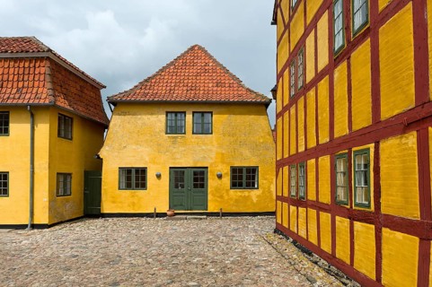 Half-timbered houses, Andresens Kobmandsgard or Kaufmannshof, Kerteminde, Funen, Region Syddanmark,