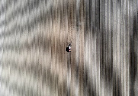 Tractor dragging a plume of dust behind it while working a potato field, Münchenberge, 20/05/2020