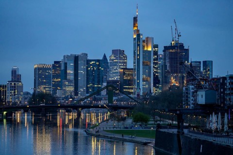 Skyline of Frankfurt am Main, skyscrapers, business and banking district in the city centre, bank