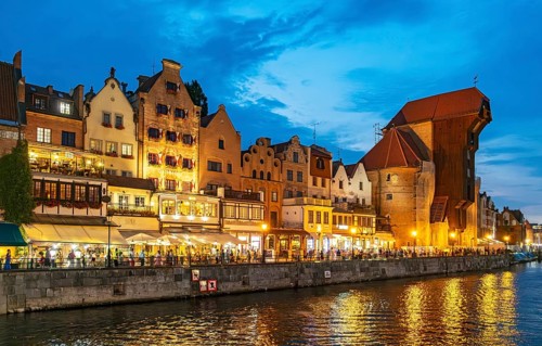 Motlawa River by night, Gdansk, Gdansk, Poland, Europe