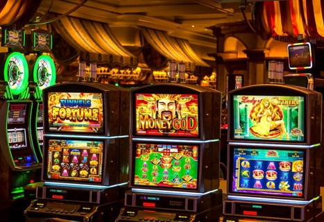 Las Vegas, Nevada, USA-March 10, 2019: Casino machines in the entertainment area at night waiting