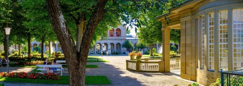 Spa garden, at the Regentenbau, Bad Kissingen, Rhön, Lower Franconia, Franconia, Bavaria, Germany,