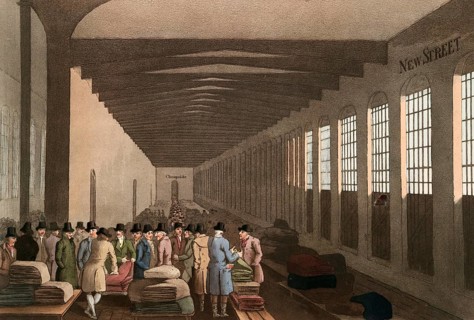 Scene from everyday life in England around 1810, Merchant in the Cloth Hall, Fabrics, Historical,