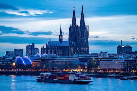 Skyline of Cologne, with the cathedral, Musical Dome theatre, on the Rhine, North Rhine-Westphalia,