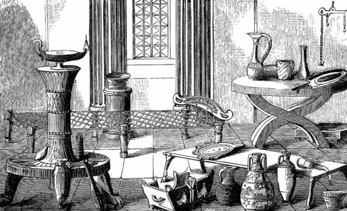 Etruscan household objects, interior, curtains, table, vases, earthenware vessels, jug, fire selle,