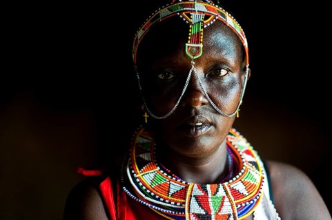 Portrait of a woman from the Njemps tribe, Kenya. She is adorned with traditional beadwork
