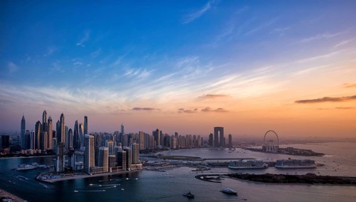 View from viewing platform The View At the Palm to skyline with Princess Tower, Elite Residence,