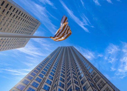 American flag in Miami downtown financial center near Biscayne bay and South beach