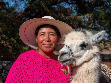 Indigenous woman of the Atacameno minority with llama, Atacama Desert, Chile, South America