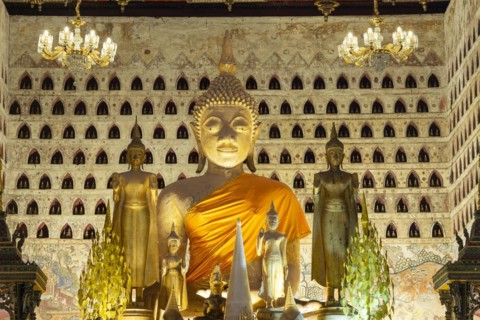 Ancient Buddha statues in the main building of Wat Si Saket, Vientiane, Vientiane province, Laos,
