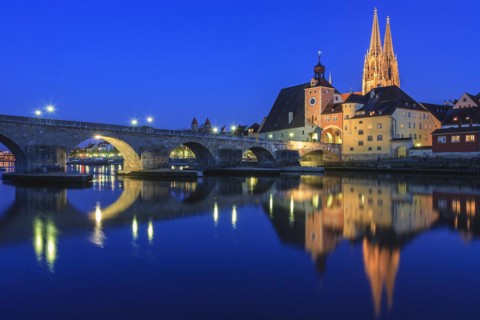 Church and bridge reflected in river, twilight, moon, idyllic, Regensburg Cathedral and stone