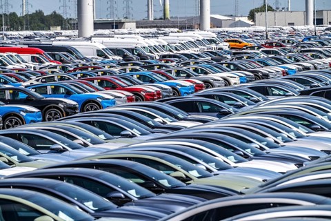 Storage area for new cars in the port of Vlissingen-Oost, vehicles are temporarily stored on over