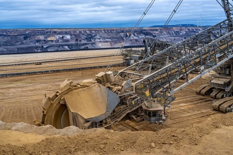 Opencast lignite mine Garzweiler 2, bucket wheel excavator 261 excavating the surface, at the rest