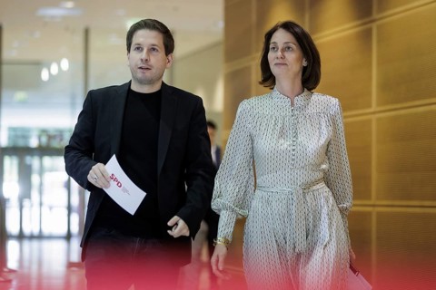 Kevin Kuehnert, SPD Secretary-General, and Katarina Barley, SPD lead candidate for the 2024