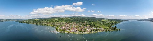 Aerial view, panorama of the Höri peninsula with the village of Wangen, Untersee, Lake Constance,