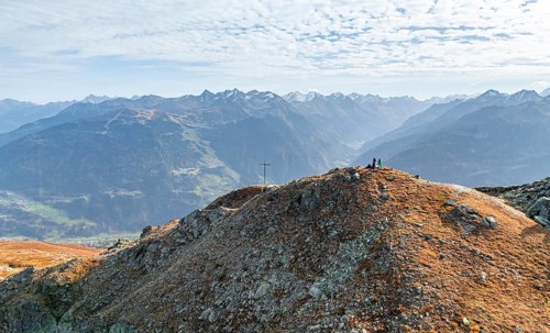 Kreuzjoch summit, view of Tschirgant summit and the Oberinntal valley and into the Pitztal valley,