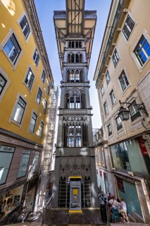 Neo-gothic style elevator connecting lower streets with a higher urban district in Lisbon, Elvador