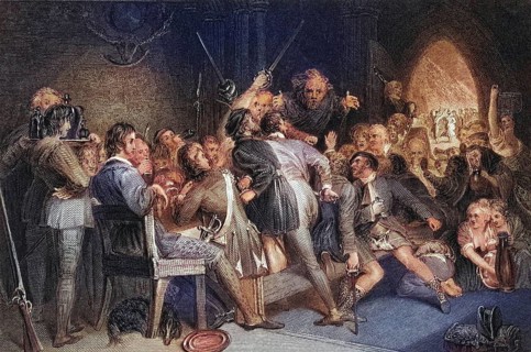 The Hall of Glennaquoich, A Highland Feast, A scene from Scott's novel Waverley, engraved by P.