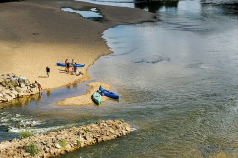 Canoe paddler on a sandbank, Allier, near Nevers, Loire Valley, Département Cher, Centre, France,