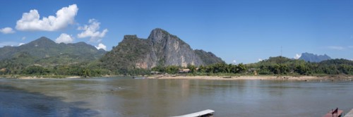 Panorama over the Mekong at the Pak Ou Caves, Luang Prabang Province, Laos, Asia