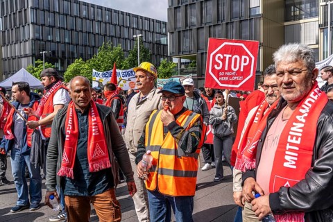 Demonstration by many thousands of steelworkers in front of the ThyssenKrupp headquarters in Essen