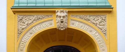 Detail of the left entrance portal of the Luitpold Primary School, built in 1901 in Art Nouveau