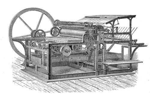 High-speed press with railway movement, paper processing, illustration from 1880, historical,