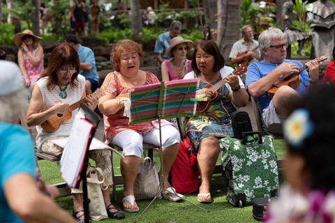 Local people singing and playing ukelele in a Waikiki event in Waikiki, Oahu, Hawaii, USA, North