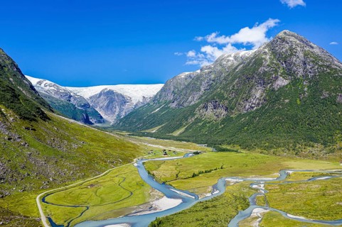 Aerial view of the road from Hafslo to valley Langedalen at glacier Jostedalsbreen, Sognefjord