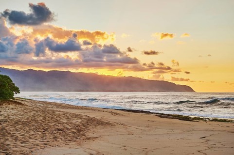 Landscape of a tropical Beach on Oahu by suset, Hawaiian Island Oahu, OÊ»ahu, Hawaii, Aloha State,