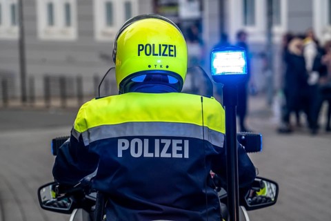 Police motorbikes, at an event, waiting to be deployed, Essen, North Rhine-Westphalia, Germany,