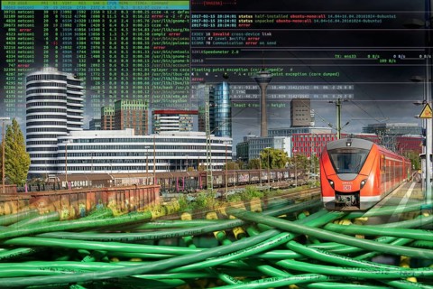 Symbolic image of critical infrastructure, Düsseldorf skyline, media harbour, data cable, hacker