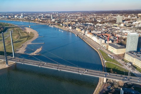 View over the city centre of Düsseldorf, Rheinkniebrücke over the Rhine, Altstadtufer, from North