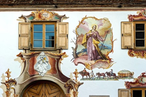 Typical Lüftl painting with brewery team, draught horses, carriage and the patron saint St Jakob,