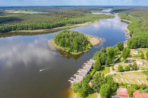 Aerial view of island in lake Granzower Möschen, Mecklenburg lake district, Mecklenburg-Vorpommern,