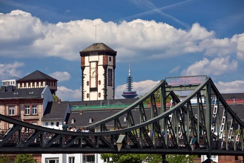 City view with the Iron Footbridge and the Langer Franz Tower, Frankfurt am Main, Hesse, Germany,