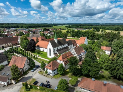 Aerial view of the village of Heiligkreuztal with the cathedral and the former Cistercian nunnery,