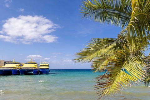 Mexico, High-speed Cozumel ferry at the terminal Cozumel waiting for passengers to Playa del