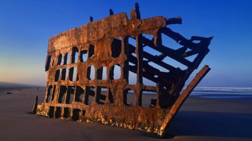 France, Normandy, Omaha Beach, rusty landing ship, Normandy, France, Europe