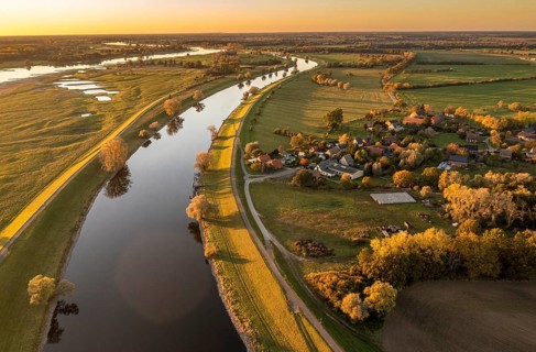 Aerial view of channel Gnevsdorfer Vorfluter and river Elbe at sunset, between Wittenberge and