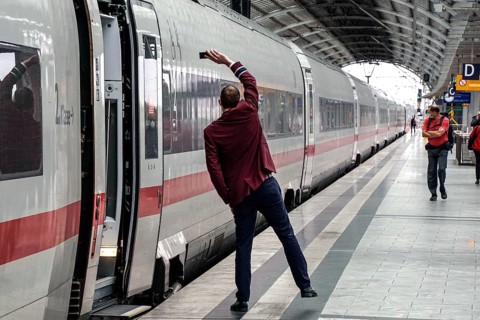 ICE train conductor shows signal for departure, Berlin, 21/09/2021